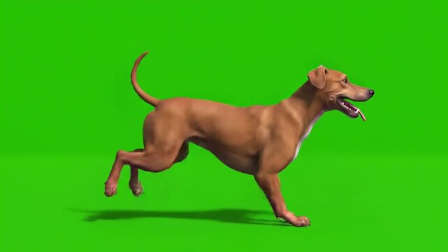 This energetic 3d cartoon german shepherd dog is captured running happily in a full body side view, isolated on a bright green chroma key background.