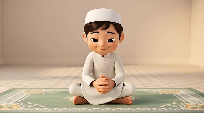 3D illustration of a child in traditional attire praying on a mat