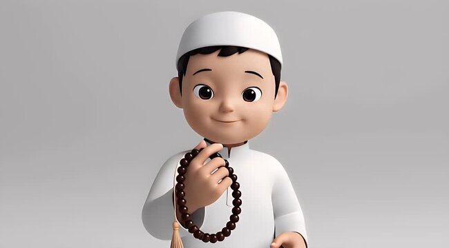 3D illustration of a child in traditional attire holding prayer beads