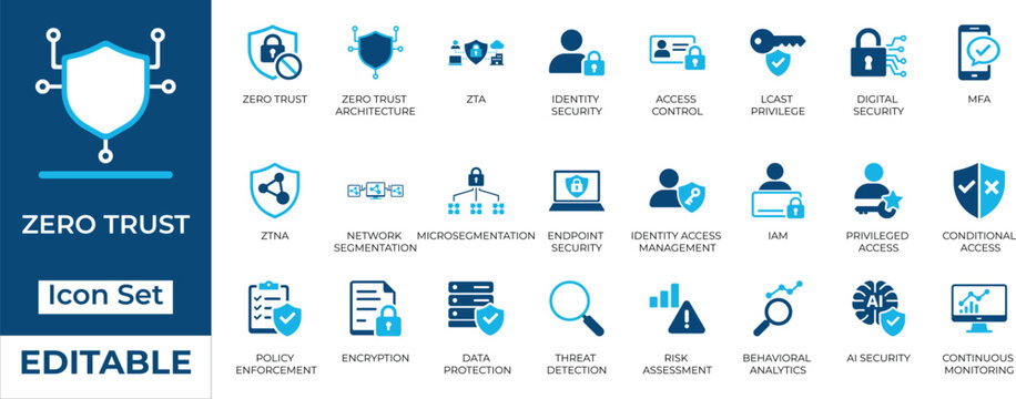 Zero Trust cybersecurity icon set. Editable two-tone vector illustrations for identity access management, network protection, MFA, and data security.