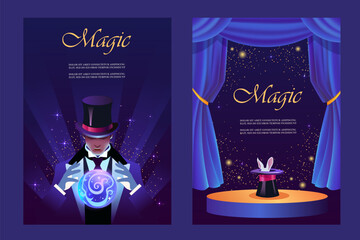 Magic show set. Rabbit in a hat on stage. Set of templates for flyers, posters, banners, brochures. Magic ball, curtain and illusionist. Vector illustration. © sweet kiwi