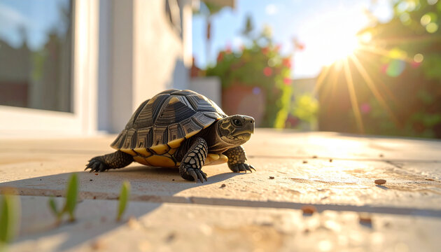 A cute small tortoise with a hard shell is walking slow in the wild nature across a stone and the road in the park as a wild reptile animal