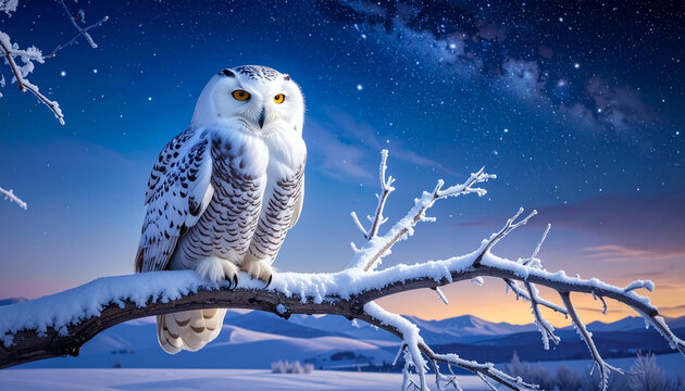 A majestic snowy owl with white feathers and piercing eyes perches on a winter branch before taking flight as a wild raptor against the snowy nature sky