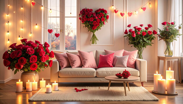 An elegant red rose bouquet in a luxury vase graces a romantic dinner table setting with candles, creating a celebration of interior design within a home living room or hotel apartment