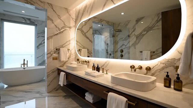 Luxurious modern bathroom with marble, double sinks, and bathtub with ocean view
