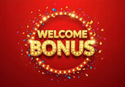 A vibrant welcome bonus graphic with confetti and a bold, eye-catching design.