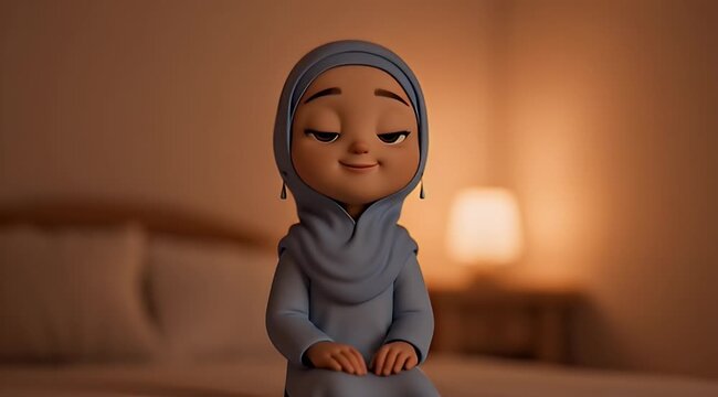 Cute animated character in cozy bedroom with soft lighting