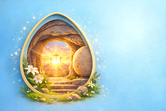 Empty tomb of Jesus with crosses at sunrise in the background, in a paper-cut egg-shaped frame with flowers, on a blue background with copy space for Easter text or invitation. Easter card paper-cut .