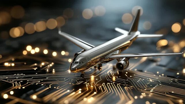 Minimal airplane model positioned on a glowing circuit board, futuristic aviation simulation concept, digital twin technology, abstract background, defocused surroundings, with
