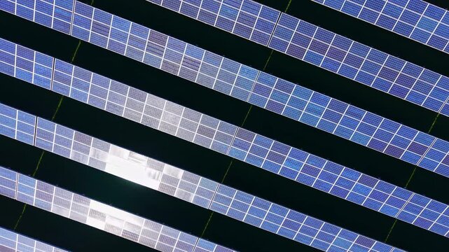 Rows of solar panels stretch across the ground at a renewable energy facility. The panels face the sun to collect energy during the afternoon for power generation.