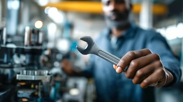 Industrial worker holding a wrench in factory setting, faceless professional portrait, defocused machinery, with copy space