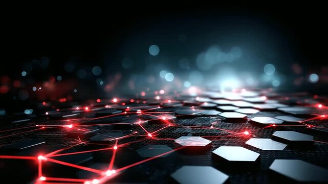 Dark hexagonal tech surface with red glowing lines, futuristic digital texture, abstract background for technology themes, subtle depth blur, with copy space
