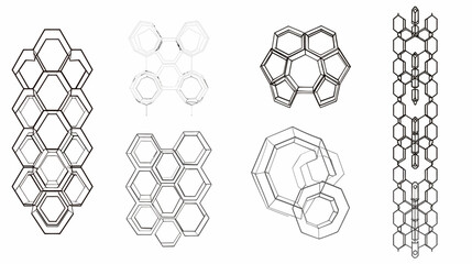 Obraz premium A collection of stylized, geometric structures composed of interconnected hexagonal shapes, varying in arrangement