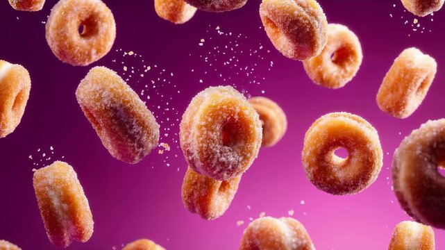 Brightly hued small donuts coated with sugar and sparkling crystals against vivid pink backdrop
