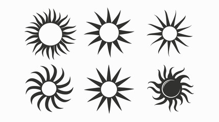 Six variations of sun symbols, stylized with different rays and an empty circular center