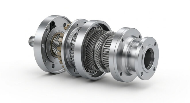 Exploded view of a complex metallic planetary gear system showing internal components and intricate mechanical design.