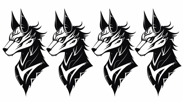 A striking stylized illustration shows four wolf-like heads in bold black and white, side profile