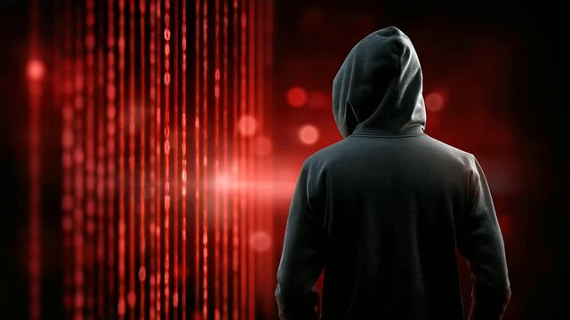 Faceless hooded silhouette standing before flowing binary code, cyber anonymity concept, data privacy, encryption, dark red tones, defocused environment, with copy space