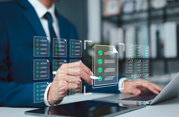 Digital document management concept showing business approval workflow, checklist verification, and...