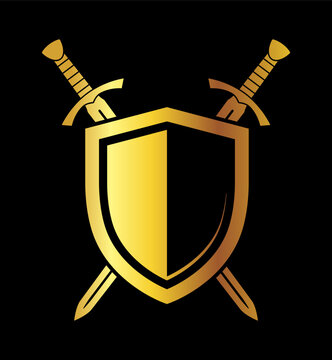 classic medieval european twin gold crossed swords with shield armor heraldry silhouette symbol vector isolated on black background