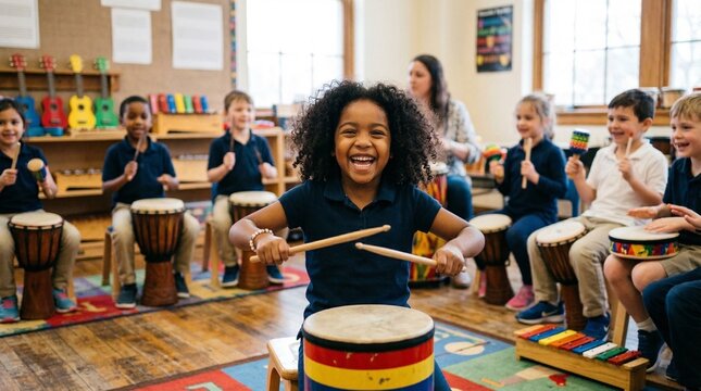 Smiling girl in navy uniform playing drum with wooden sticks in childrens music class circle with teacher in natural light