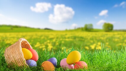 Collection of the beautiful colored easter eggs in the basket