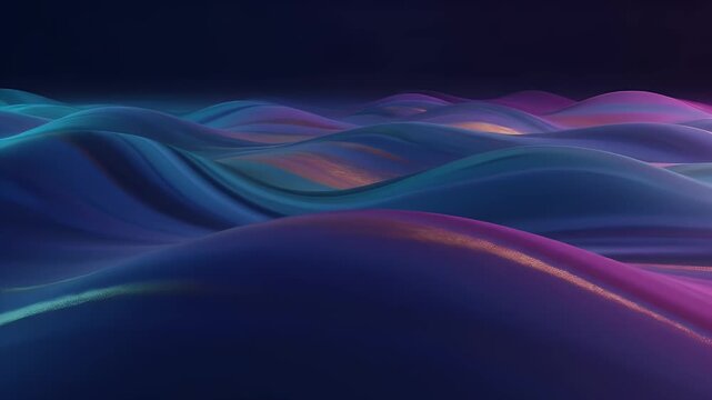 An abstract image of softly undulating waves with a gradient of colors; blues, purples, and gold