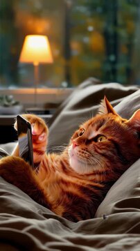 An affectionate ginger cat resting peacefully by rainy window in comfortable bedroom