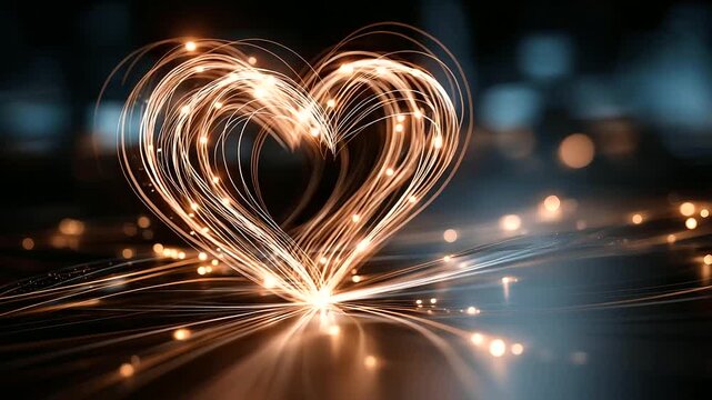 Abstract glowing heart formed from flowing digital particles and energy streams, futuristic technology concept, emotional data connection, innovation, AI, dark background, vibrant