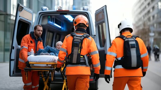 Faceless Asian man in orange uniform and helmet paramedic helping injured patient get into ambulance van, with copy space
