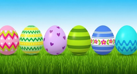 Fototapeta premium A colorful array of decorated Easter eggs sitting in a lush green grassy field under a clear blue sky.