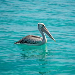 Pelican swimming in blue ocean water.