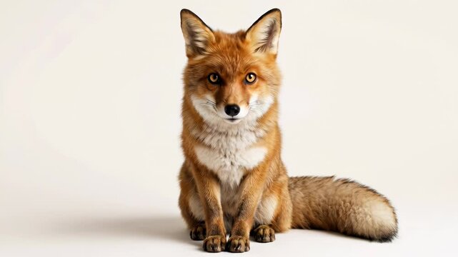Adorable red fox sitting calmly in studio against bright white background.