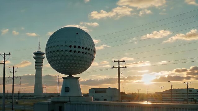A Large Spherical Structure Designed for Meteorological Data Collection Situated at an Aviation Facility, Captured During a Breezy and Chilly Sunset