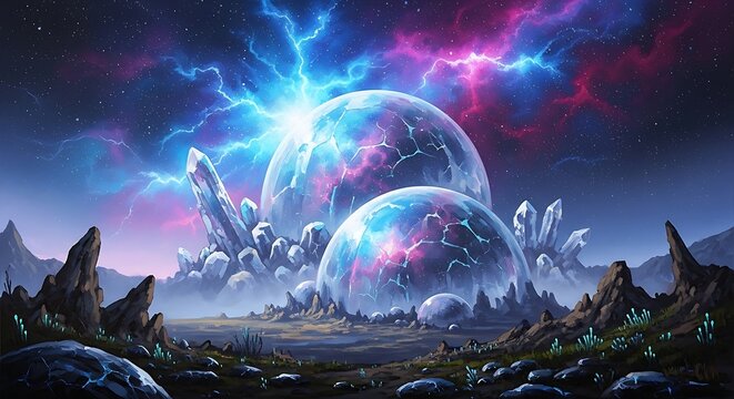 Fantasy Alien Landscape with Glowing Orbs.