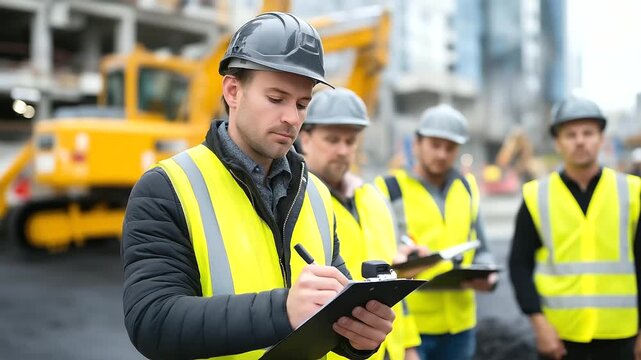 Faceless team of engineers and construction workers in reflective vests inspecting fresh asphalt layer, clipboard checks and thermal cameras in use, with copy space