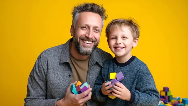 Father and child holding colorful props in studio, faceless celebration mood, vibrant background, with copy space
