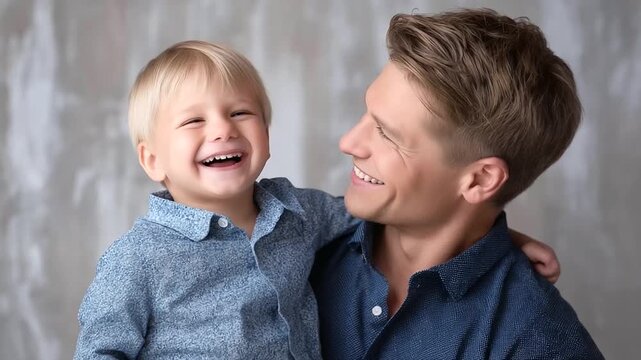 Father and child laughing together in studio, faceless cheerful family portrait, simple backdrop, with copy space
