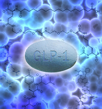 GLP-1 pill with semaglutide molecule structure and cells