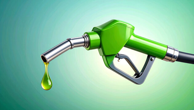 Green fuel pump nozzle with biofuel drop falling from the metal spout on soft green gradient background. Concept of renewable energy, sustainable fuel, eco friendly transportation, biofuel technology.