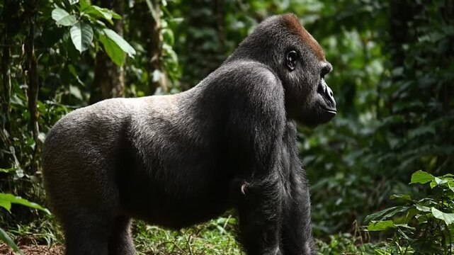 Epic tracking shot of a powerful male silverback gorilla standing