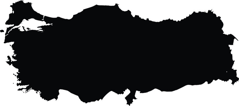 Black silhouette of Turkey map isolated on white background, Turkish geographic borders, national republic territory outline, travel and cartography icon.