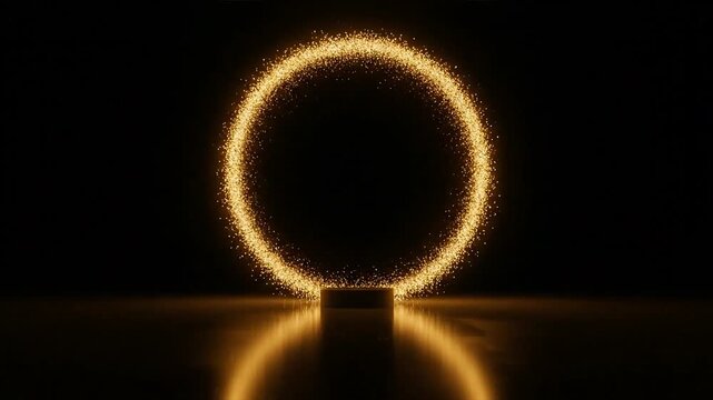 A glistering gold ring on a dais shines brightly with light reflections in a dark room