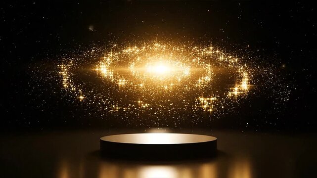 Glistering gold particles swirling around a dais on a dark stage with gold reflections