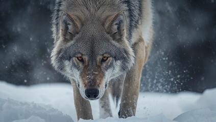 Naklejka premium Close Up of Hunting Wolf Moving Through Snowy Forest