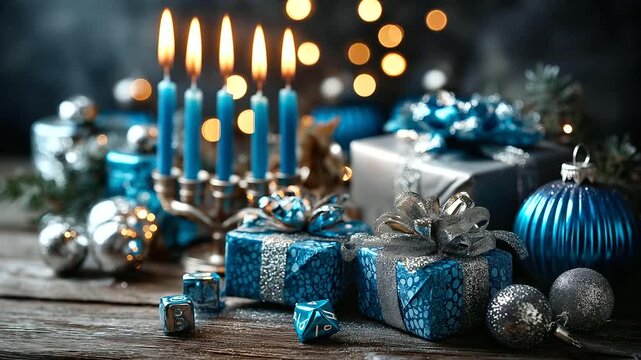 Festive Hanukkah celebration scene with lit menorah dreidels and gifts, traditional Jewish holiday home decorations in blue and silver, with copy space