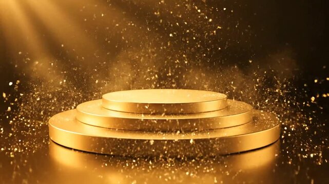 A glistering gold dais stands prominently on a tiered platform surrounded by sparks and light
