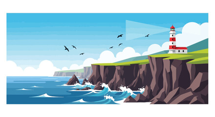 A serene lighthouse stands on a rocky cliff overlooking the ocean with birds flying by. © Fezi