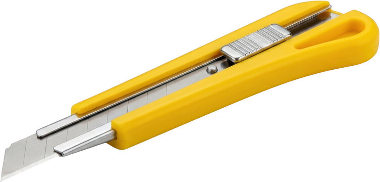 A sharp metal utility knife with a bright yellow plastic handle featuring a retractable blade and metallic slider for cutting and crafting tasks cutter box cutter craft knife transparent background
