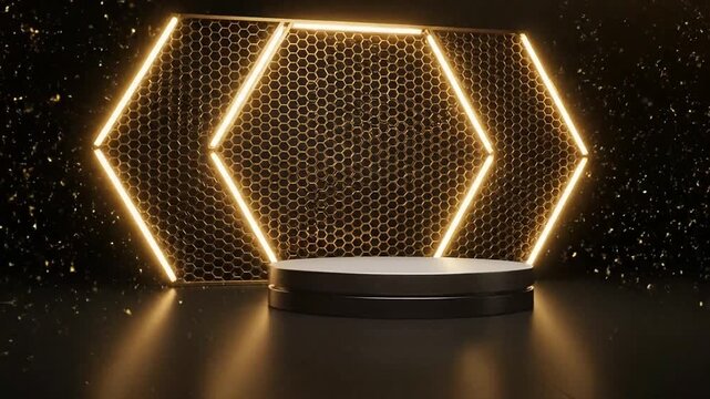 A glistering gold dais shines brightly on a modern hexagonal podium surrounded by sparkling lights.